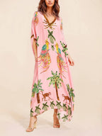Unique Drop Shoulder Sleeve Coconut Tree Printed Dress Flowering Girl