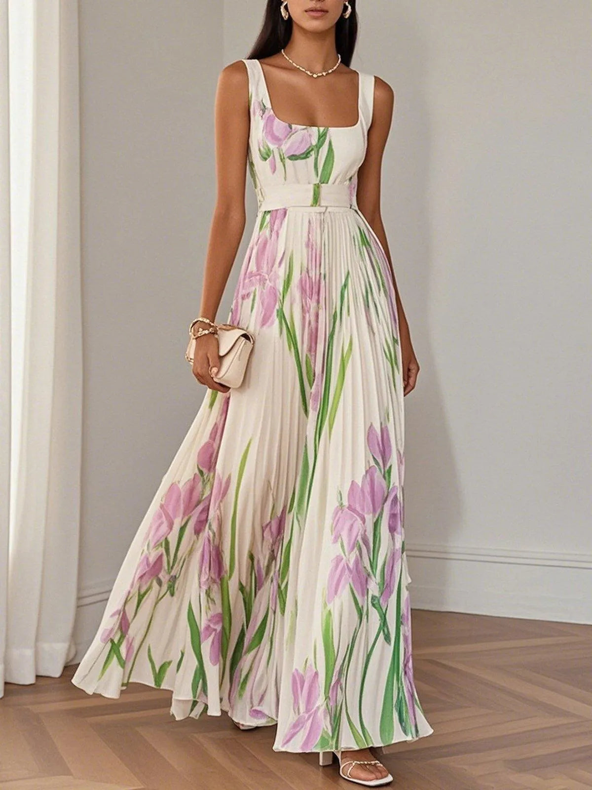 White Pleated Floral Chiffon Square Neck Sleeveless A-Line Maxi Dress Flowering Girl