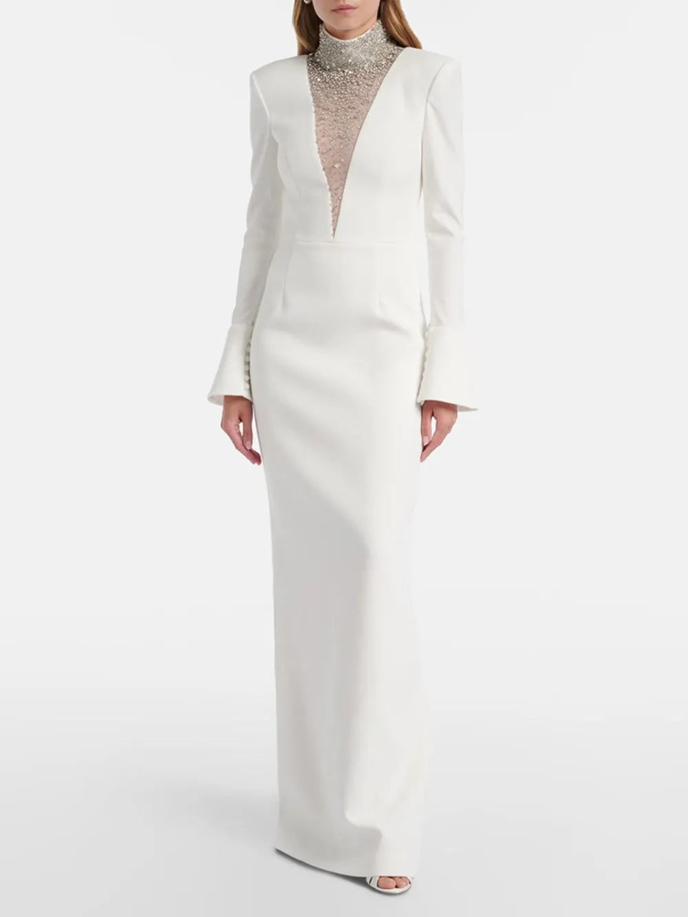 Long Sleeve Crystal Mesh Maxi Dress White Flowering Girl