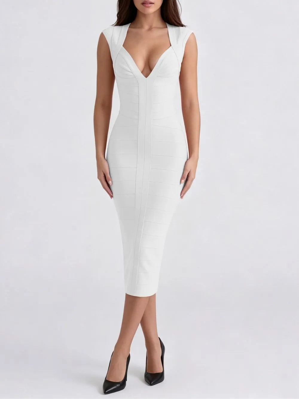 Marixa White V-Neck Bandage Midi Dress Flowering Girl