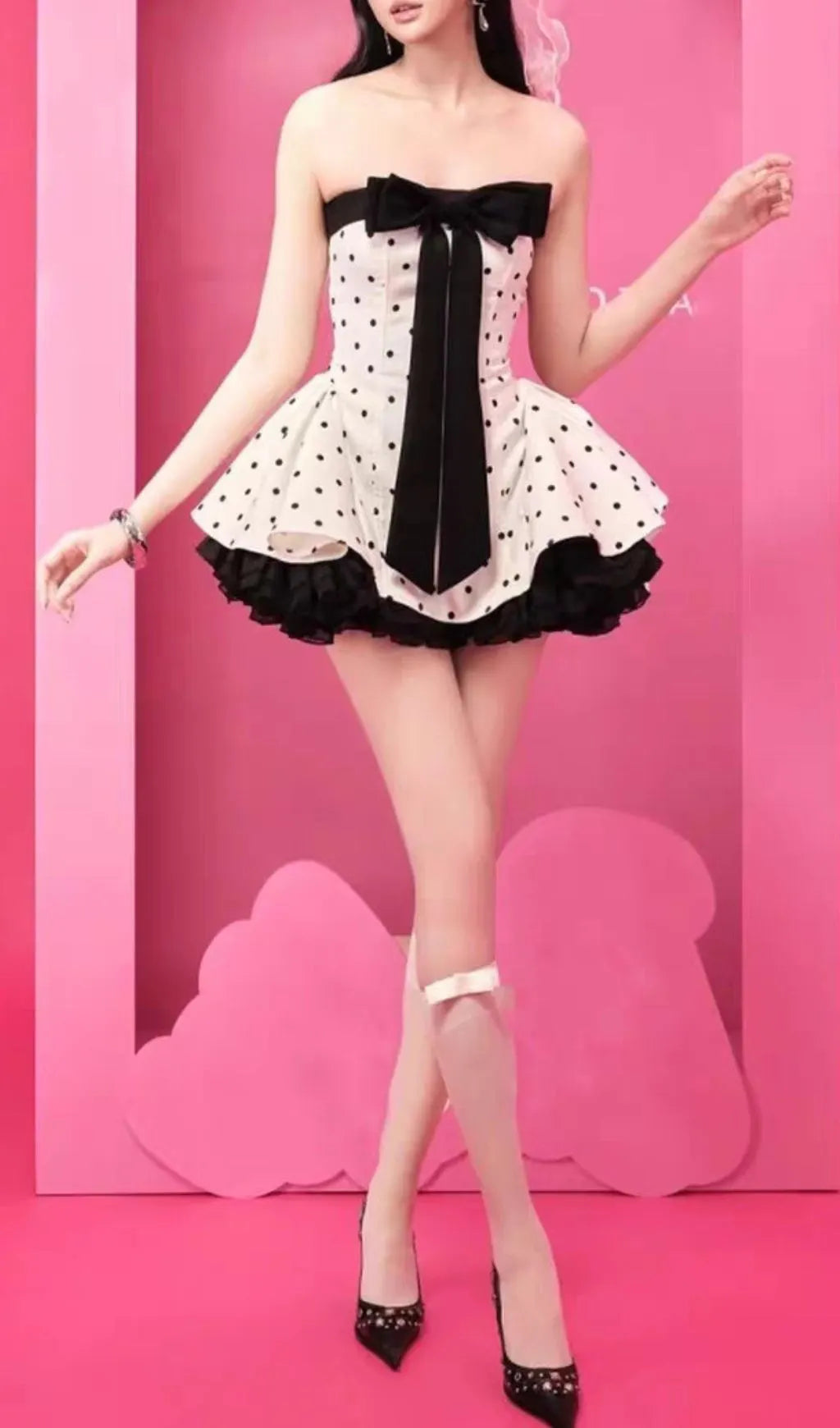 Iola Strapless Dot Bowknot Mini Dress Flowering Girl