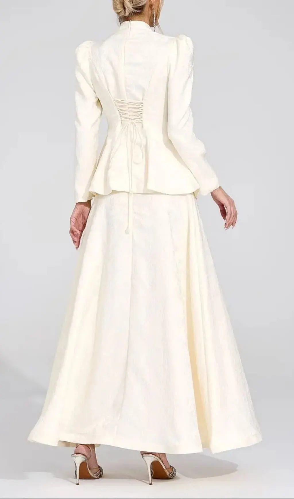 Sabrina Floral Embroidered Coat Maxi Skirt Set - Apricot Flowering Girl