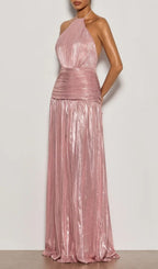 Syriona Halterneck Split Pleated Metallic Maxi Dress In Pink Flowering Girl