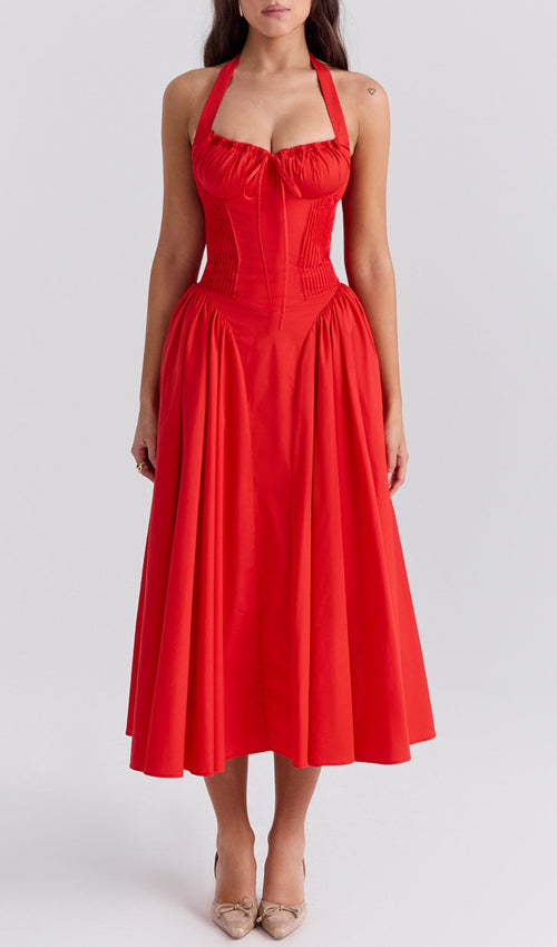 Ashleen Red Halter Midi Dress Flowering Girl