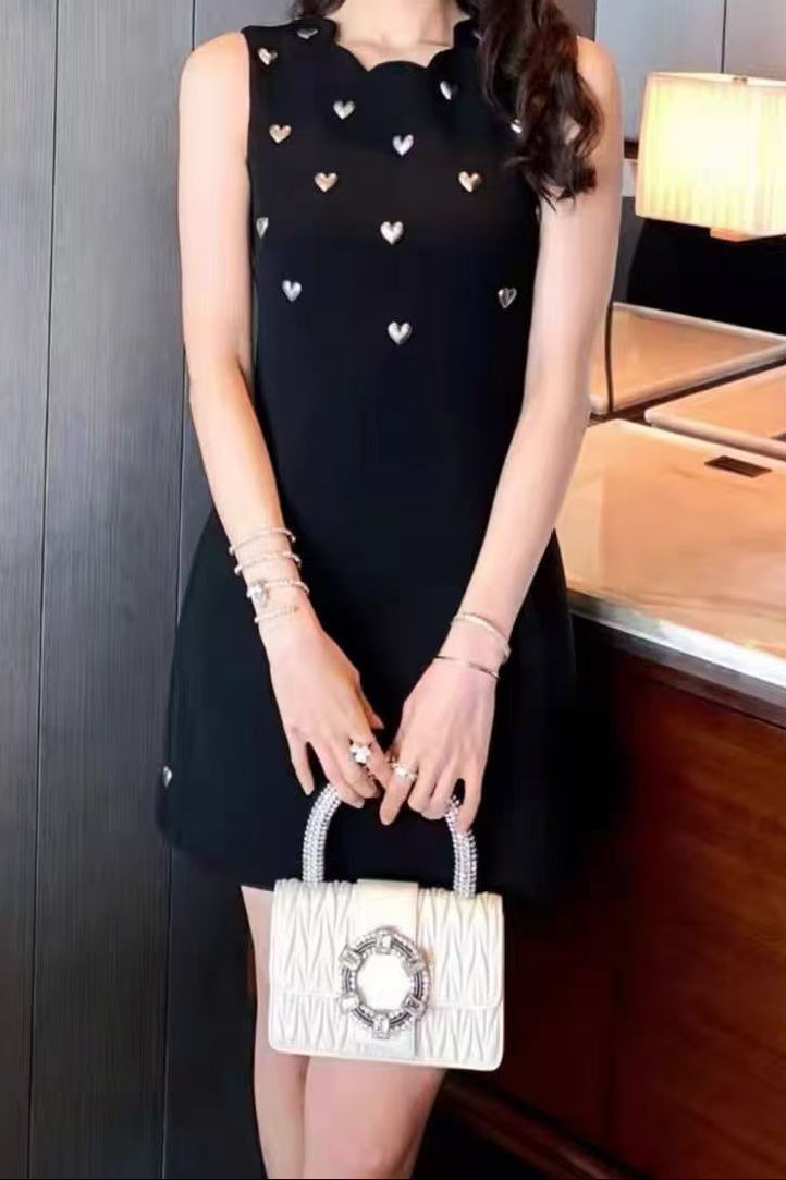 Scalloped Neck Heart Stud Sleeveless Black Mini Dress Flowering Girl