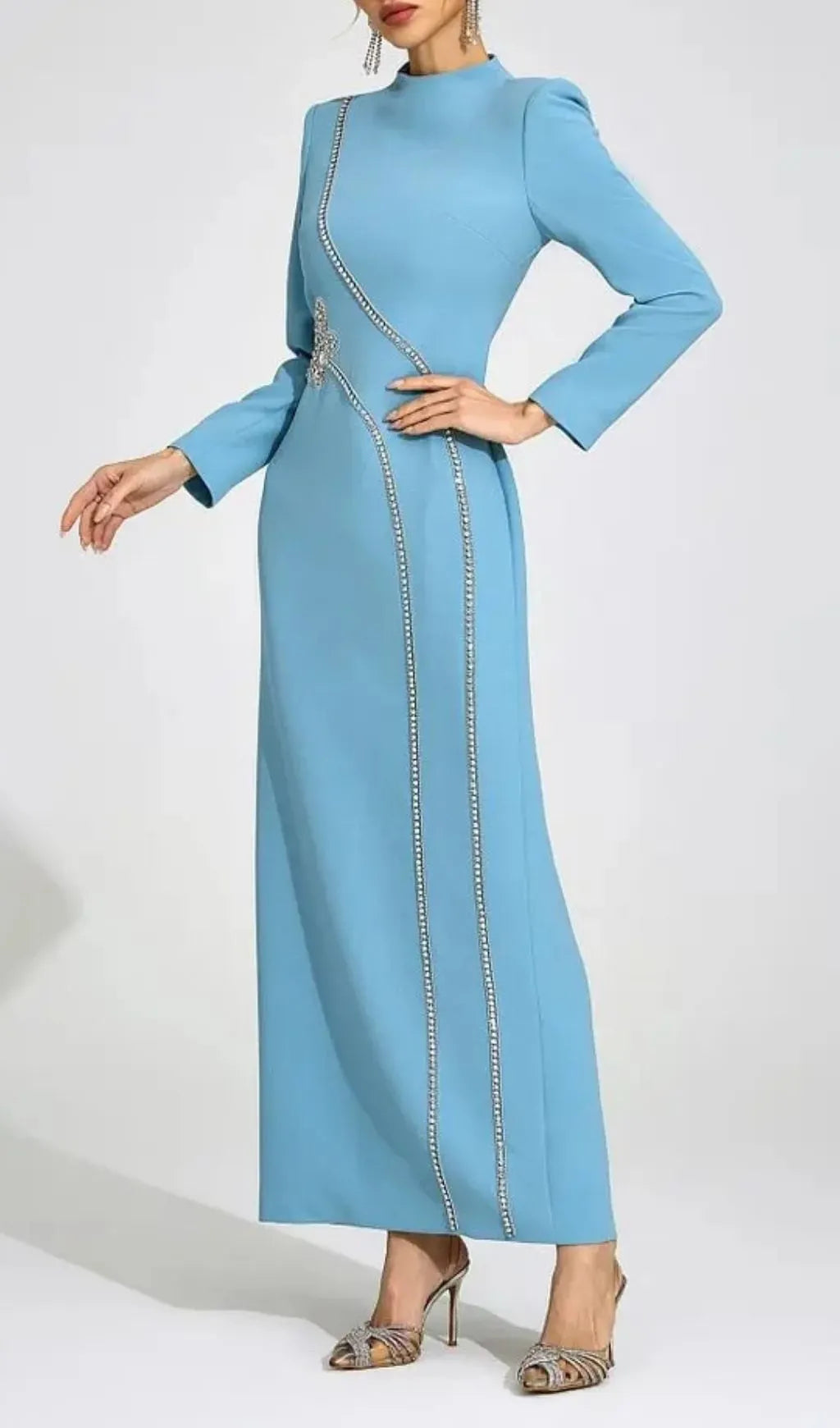 Nicola Diamond Embellished Long Sleeve Maxi Dress - Blue Flowering Girl