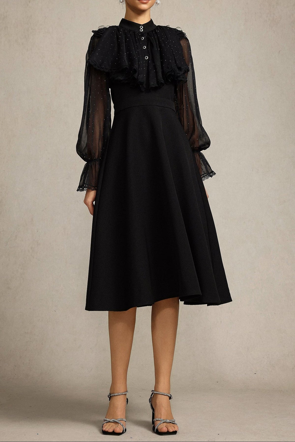 Helen Long Sleeves Diamond Artificial Feather Black Top And Skirt Two-Piece Set Flowering Girl