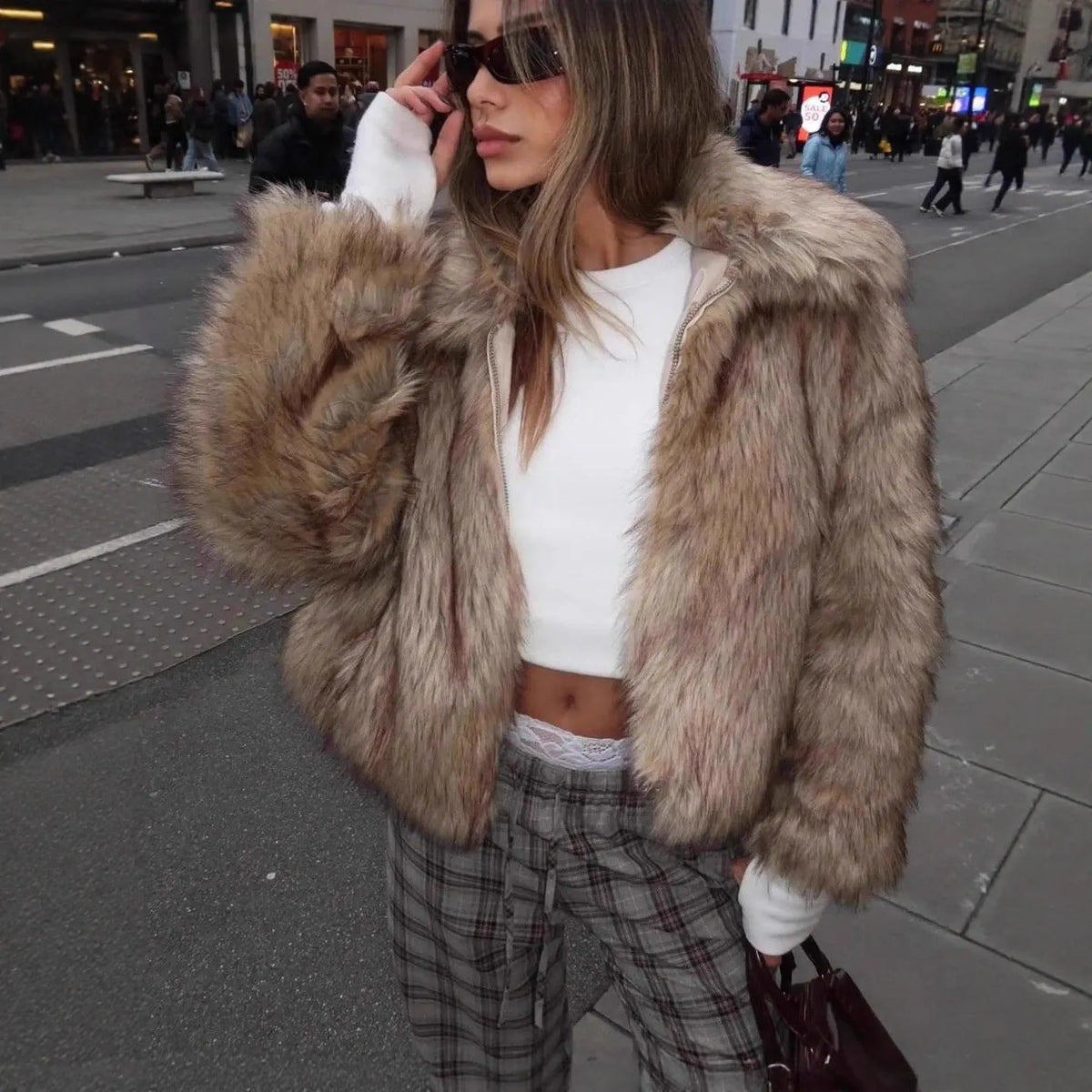 Warm Imitation Fur Jacket In Light Yellow Flowering Girl