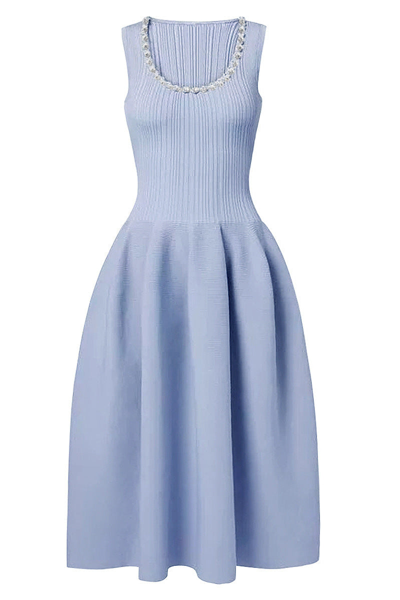 Blue Ribbed Knit Diamante Midi Dress Flowering Girl