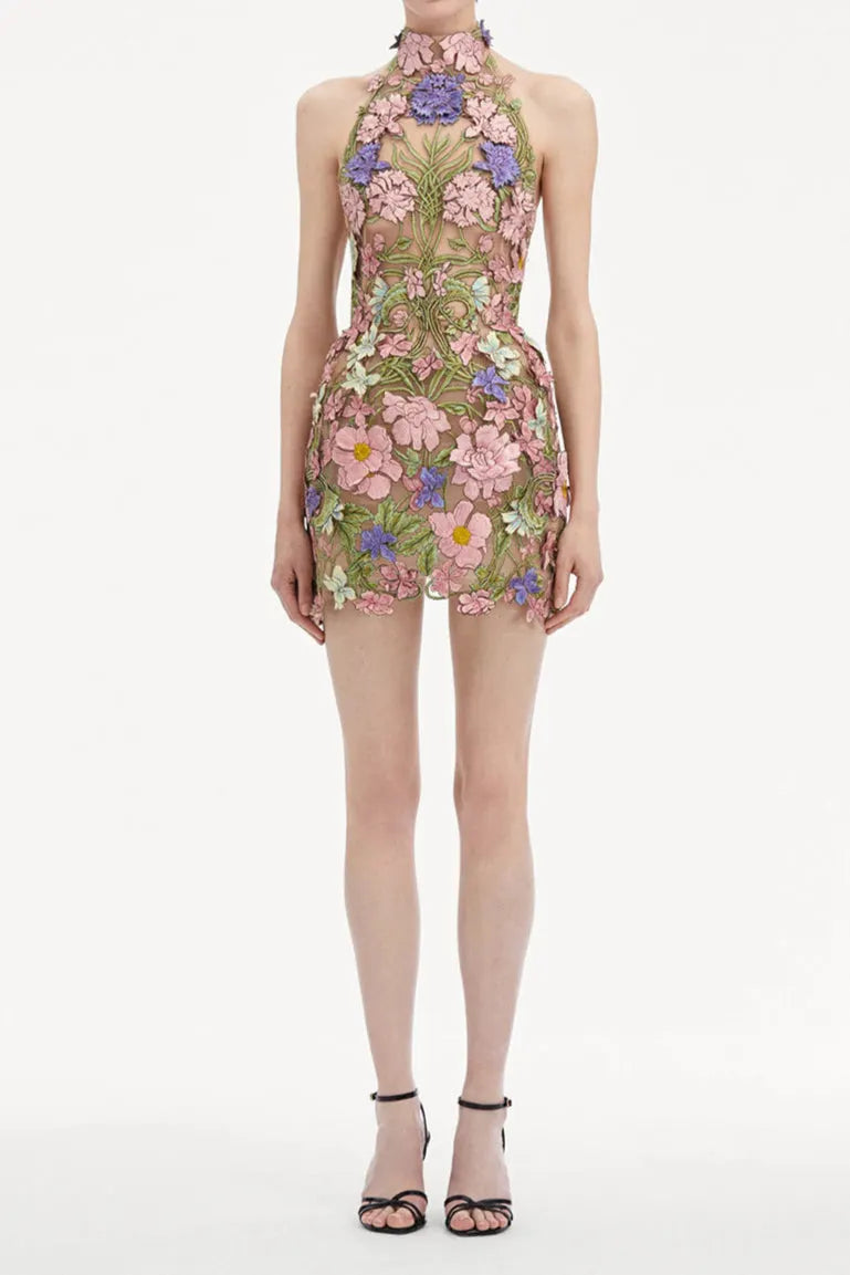 Ursula Floral Print Halter Neck Mini Dress Flowering Girl
