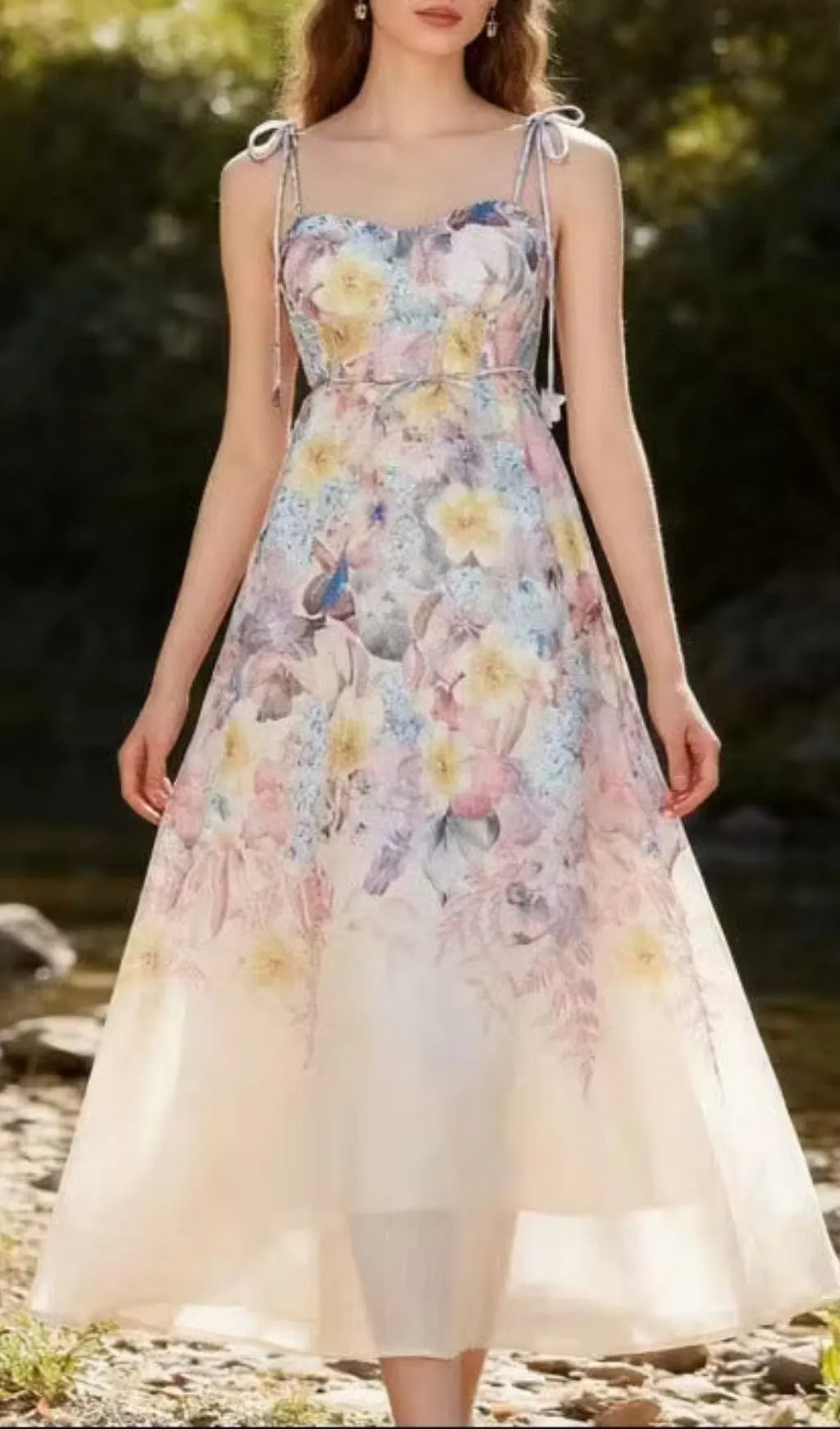 Pastel Floral Print Spaghetti Strap Midi Dress With 3D Flower Appliqués Flowering Girl