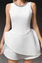 Jean Round Neck Diamond Sleeveless Mini Dress In White Flowering Girl