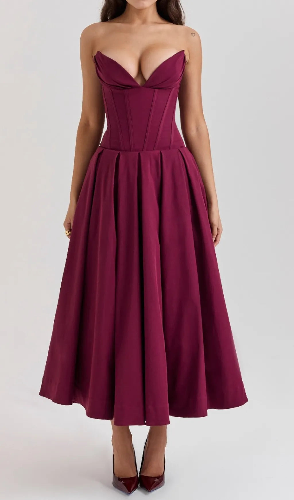 Devani Wine Strapless Corset Midi Dress Flowering Girl