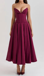 Devani Wine Strapless Corset Midi Dress Flowering Girl