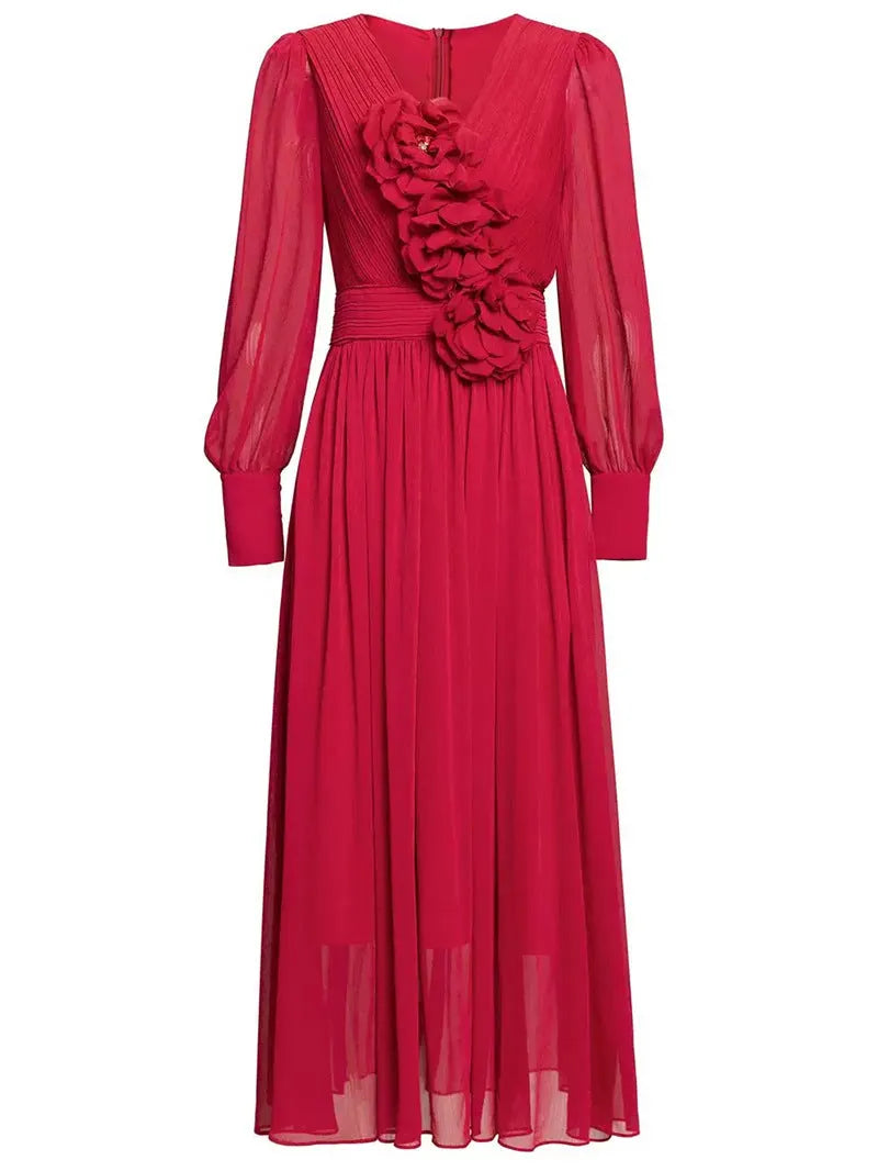 three-dimensional flower v-neck purple chiffon maxi dress Flowering Girl