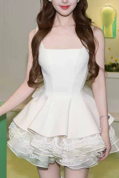 White Square Neck Corset Layer Lace Mini Dress Flowering Girl