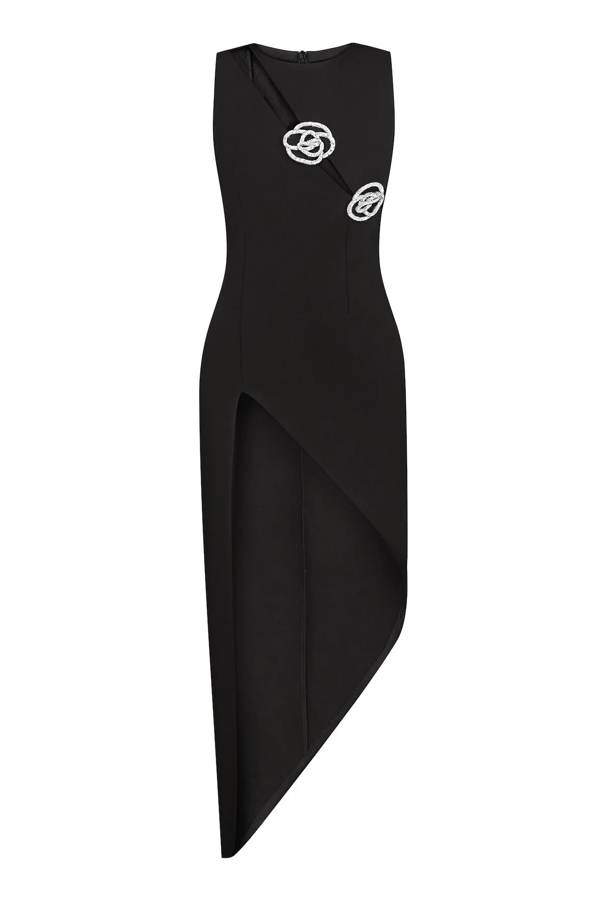 Crystal Rose Detailed High-Slit Black Dress Flowering Girl