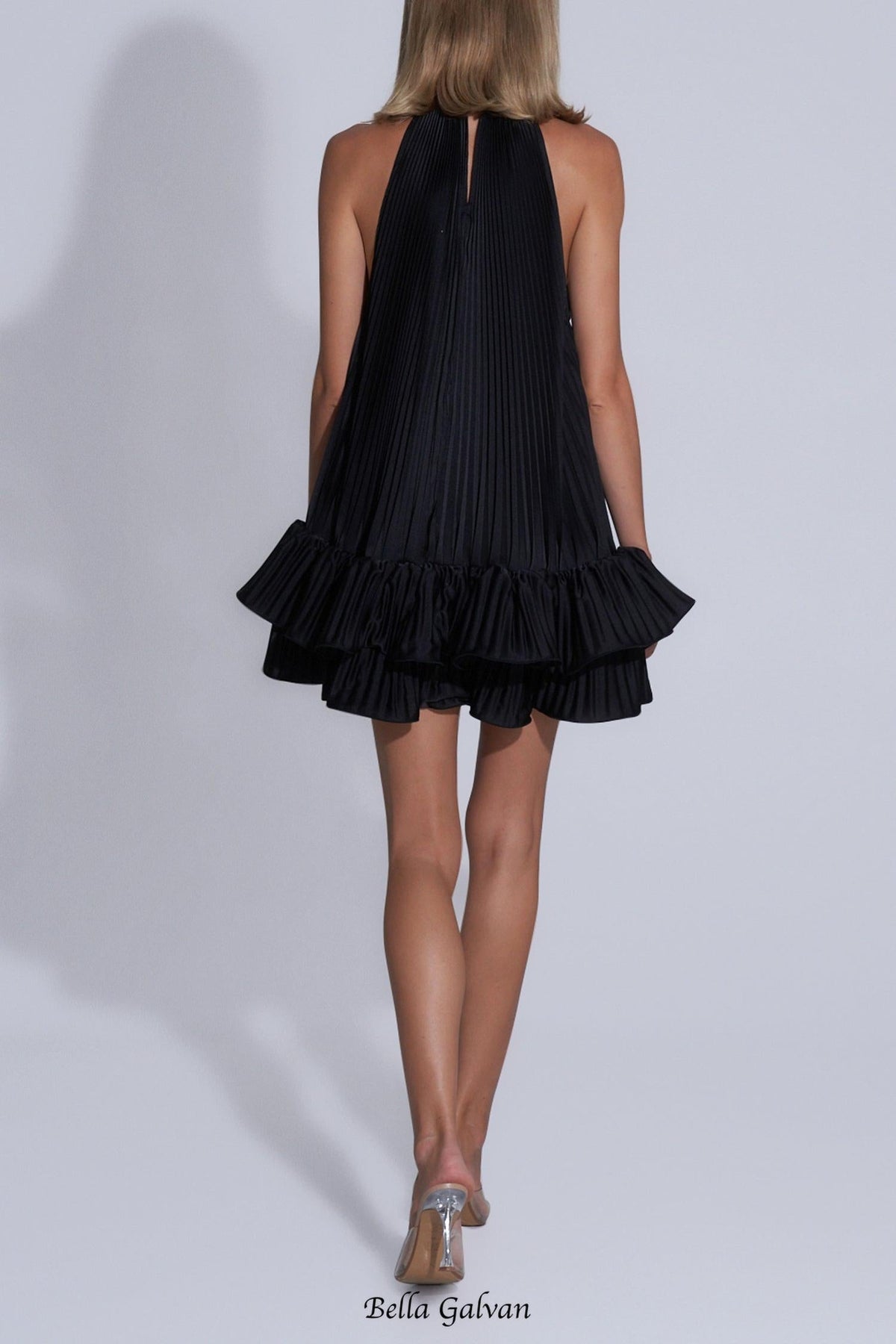 tina Double-layer ruffled halter neck mini dress in black Flowering Girl