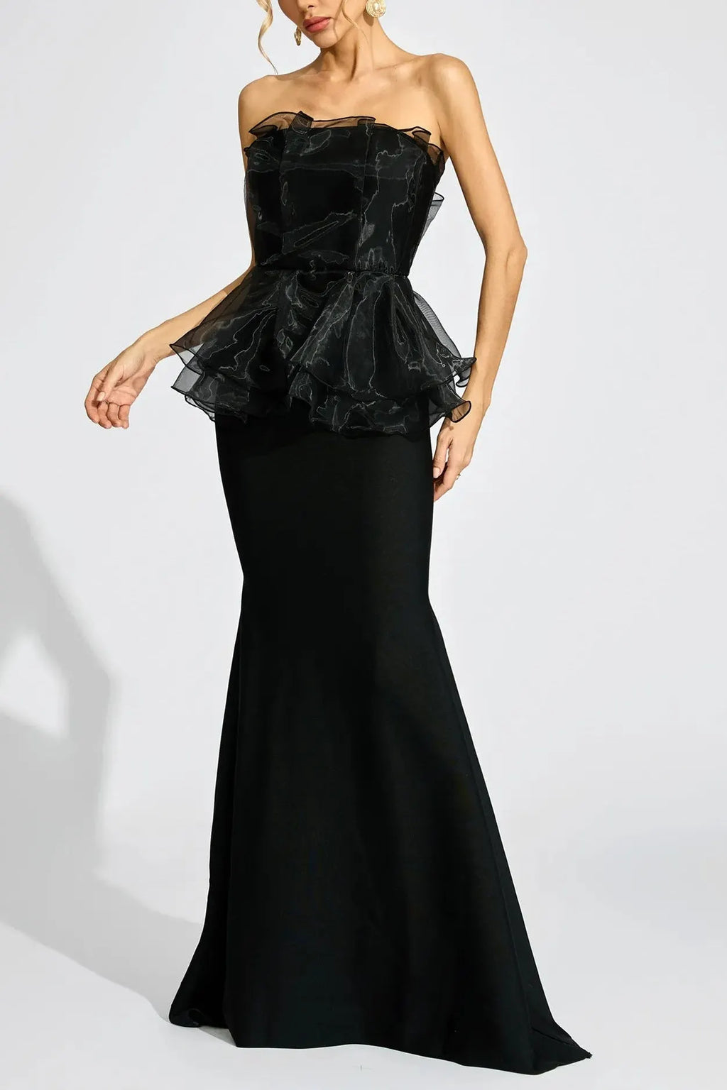 Lorraine Black Peplum Strapless Maxi Dress Flowering Girl