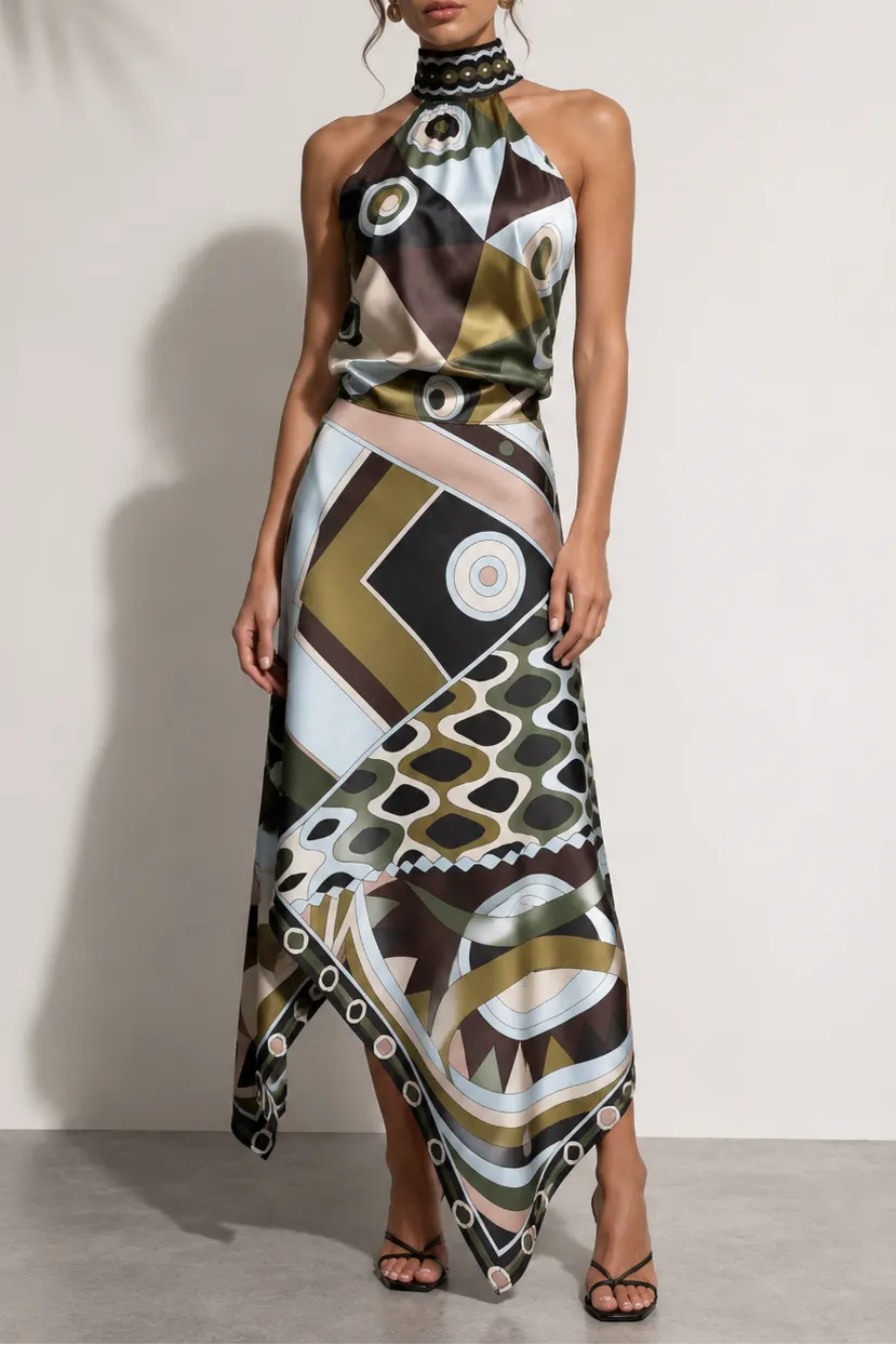 Halter Retro Geo Print Satin Crop Top & Asymmetric Midi Skirt Co-ord Set Flowering Girl