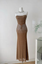 Brown Mesh Fitted Column Gown with Crystal Embellishments Flowering Girl
