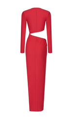 Red V-Neck Long-Sleeve Split Dress