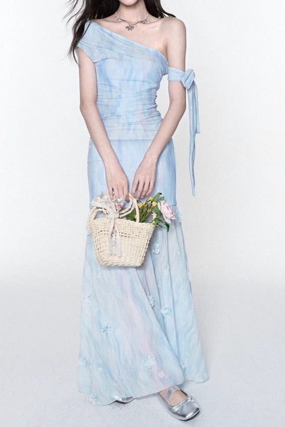Rosalind One-Shoulder Pleated Slim Maxi Dress In Blue Flowering Girl