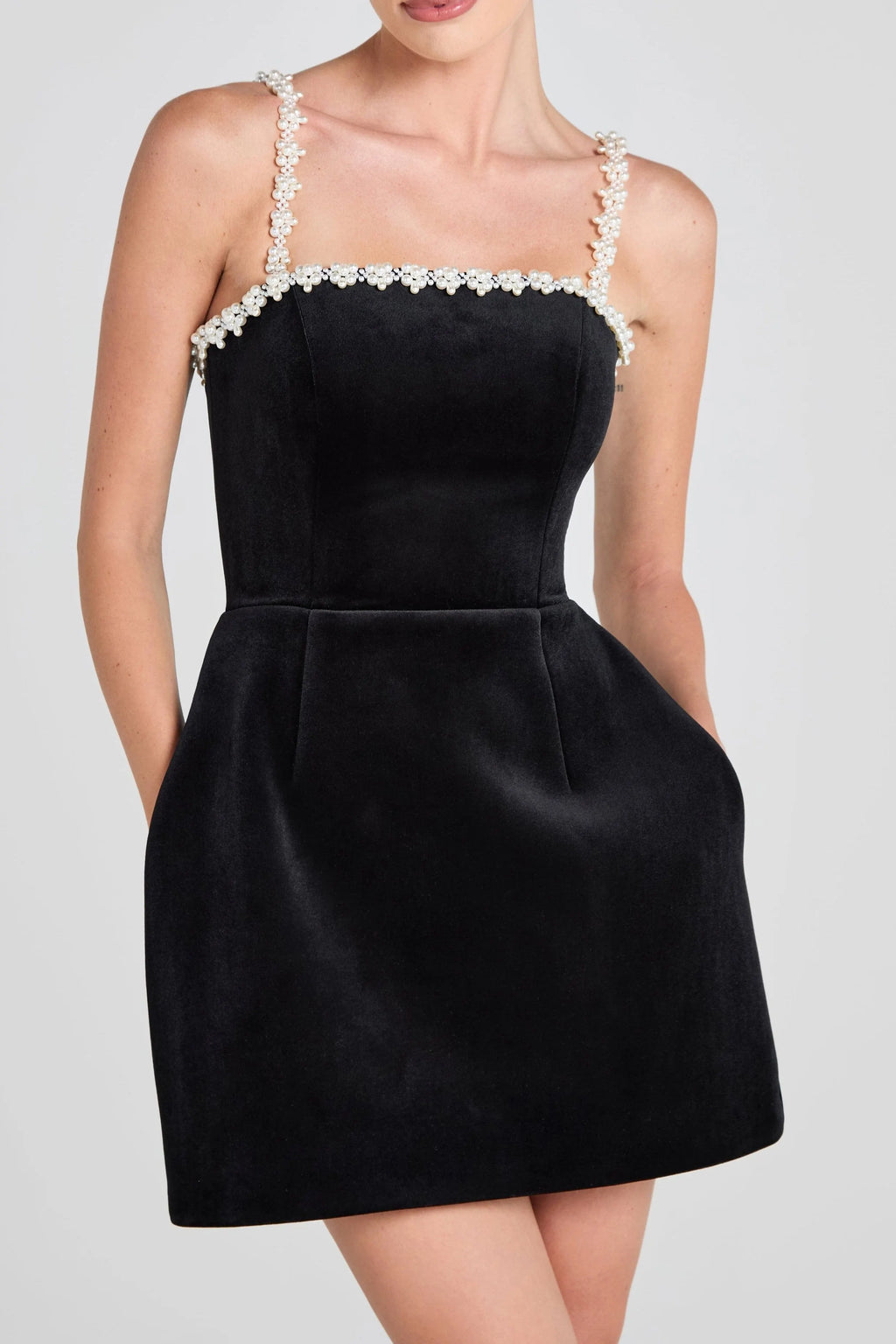 Pearl Embellished Strap Mini Dress In Black Flowering Girl