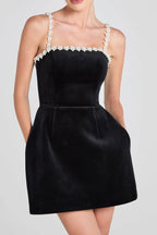 Pearl Embellished Strap Mini Dress In Black Flowering Girl