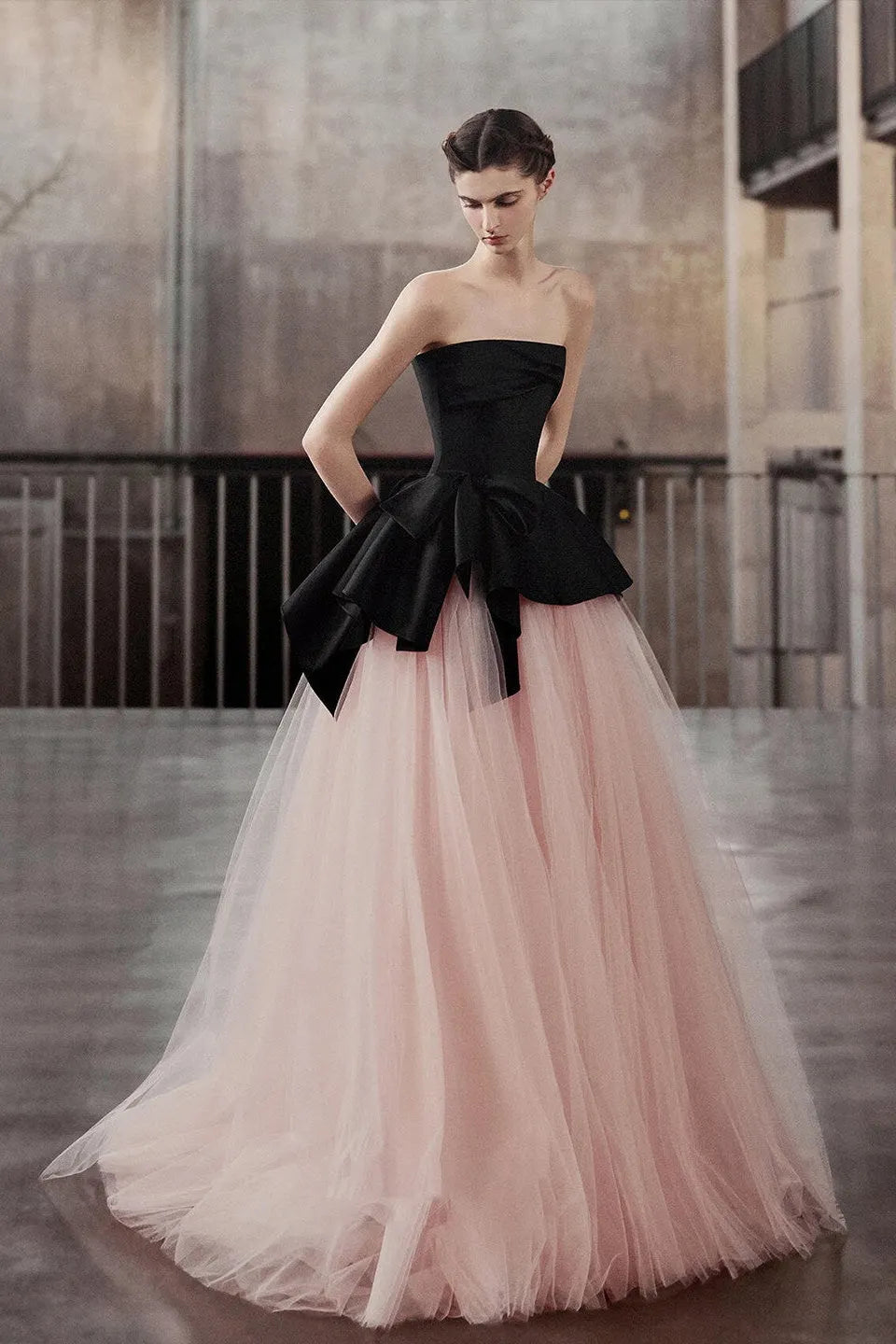 Strapless Satin Big Bow Contrast Pink Tulle Ball Gown Flowering Girl
