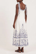 Square Neck Folk Embroidered Midi Dress Flowering Girl