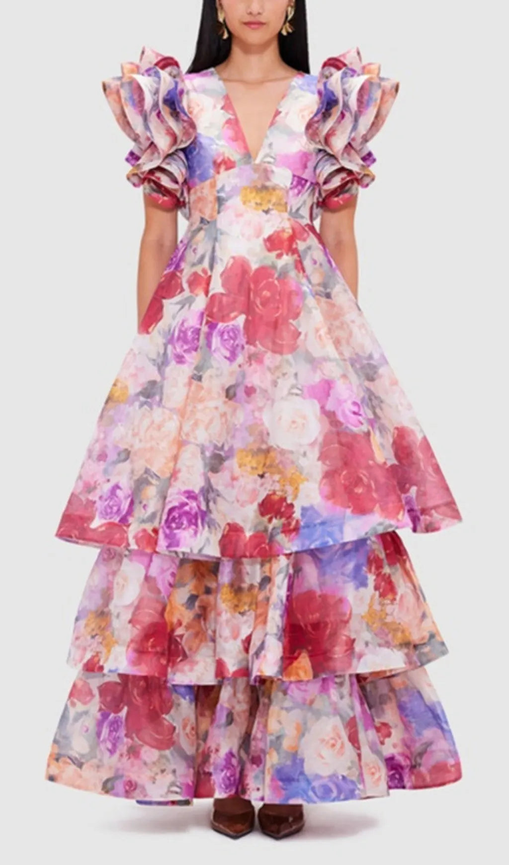 Élodie Floral-Print Ruffled Gown Flowering Girl