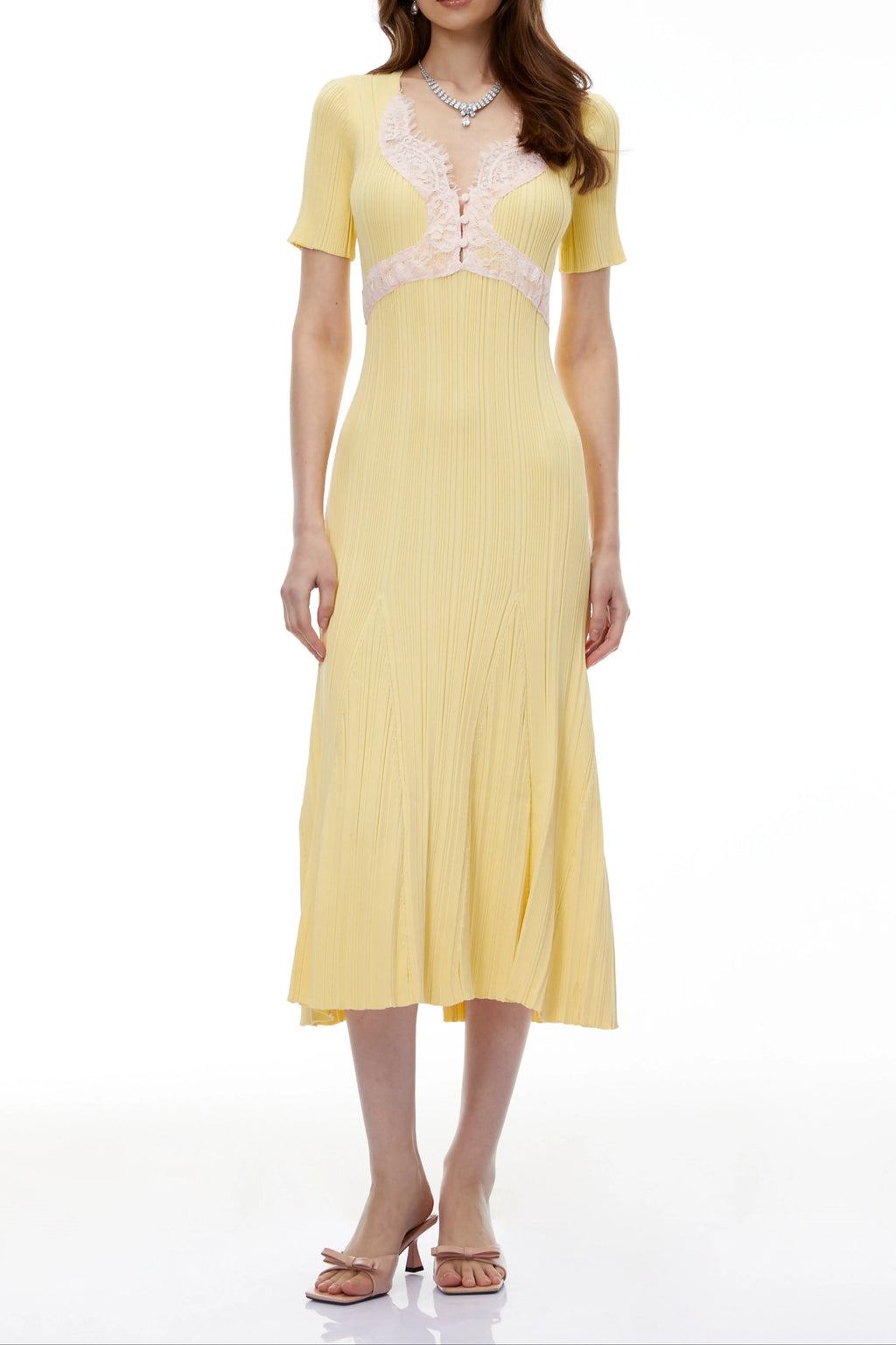 Apphia Yellow Contrast Lace Knit Midi Dress Flowering Girl