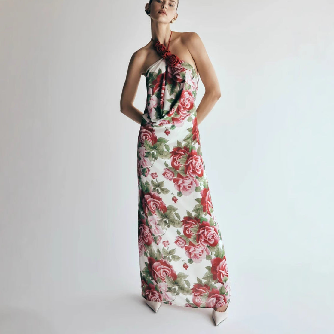 multicolor Floral halterneck high collar maxi dress Flowering Girl