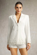 Mirabelle Long Sleeve Pearl Blazer In White Flowering Girl