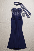 Navy Sequin Mermaid Evening Gown, Halter Choker Formal Maxi Dress Flowering Girl