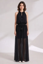 Black Chiffon A-Line Blouson Maxi Dress Flowering Girl