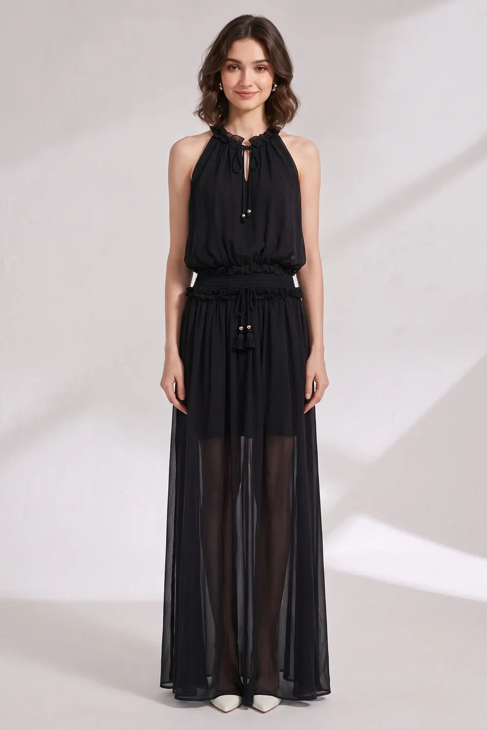 Black Chiffon A-Line Blouson Maxi Dress Flowering Girl
