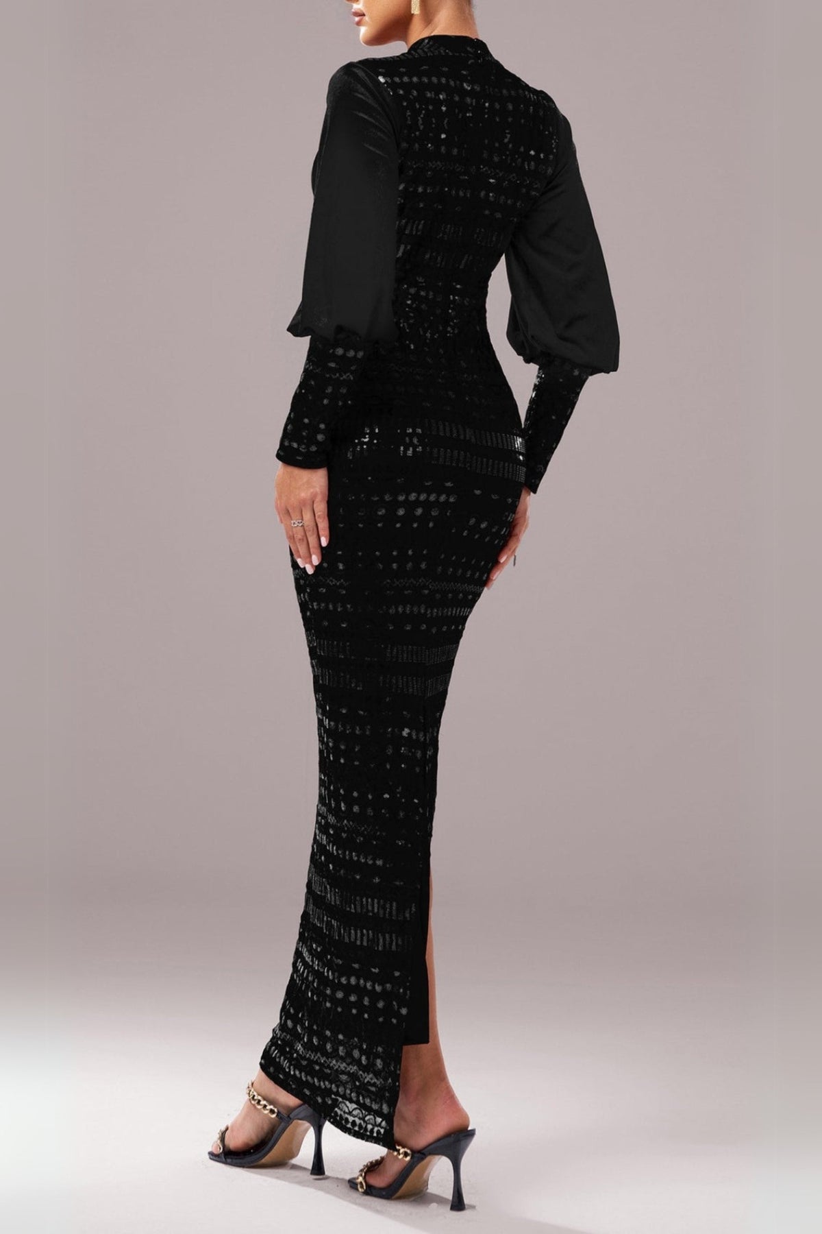 Sequin Long Sleeve Maxi Dress In Black Flowering Girl
