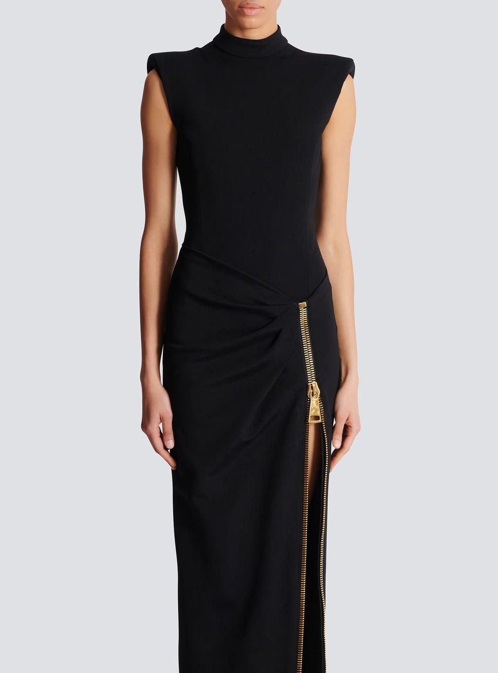Black Sleeveless Zipper High Slit Elastic Jersey Maxi Dress Flowering Girl