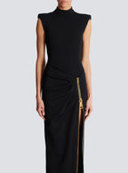 Black Sleeveless Zipper High Slit Elastic Jersey Maxi Dress Flowering Girl
