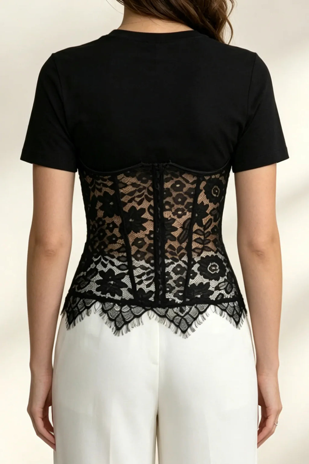 Black Spliced Floral Lace Corset Short Sleeve T-shirt Flowering Girl
