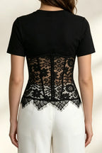 Black Spliced Floral Lace Corset Short Sleeve T-shirt Flowering Girl