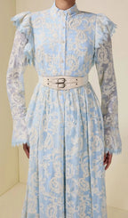 Alma Chiffon Embroidered Single Breasted Midi Dress With Belt - Blue Flowering Girl