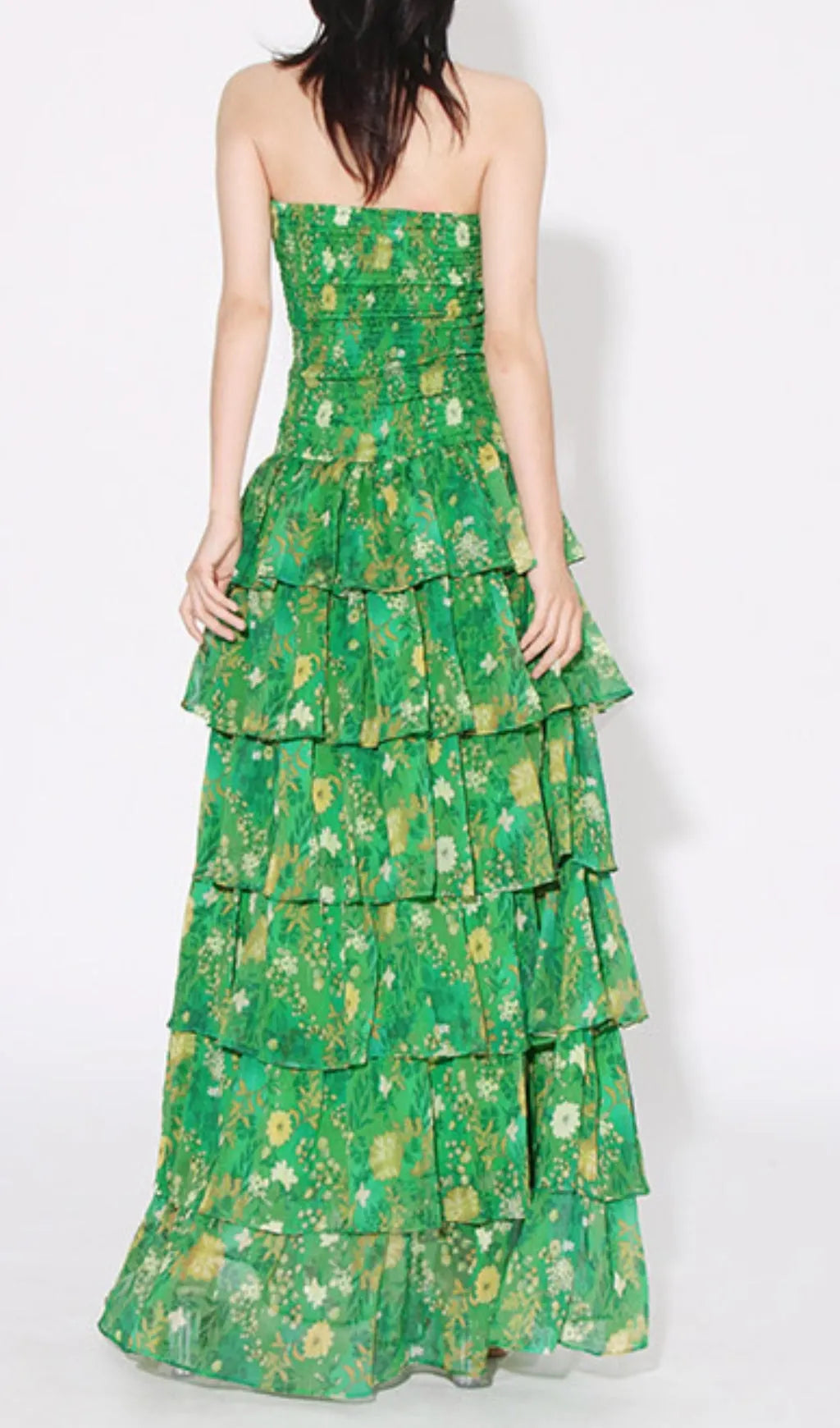 Bela Green Strapless Floral Ruffle Maxi Dress Flowering Girl