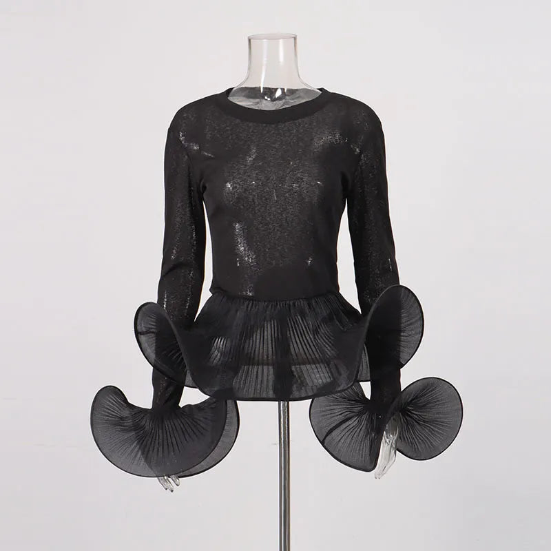 Lequoia Black Flared Long Sleeve Crop Top Flowering Girl
