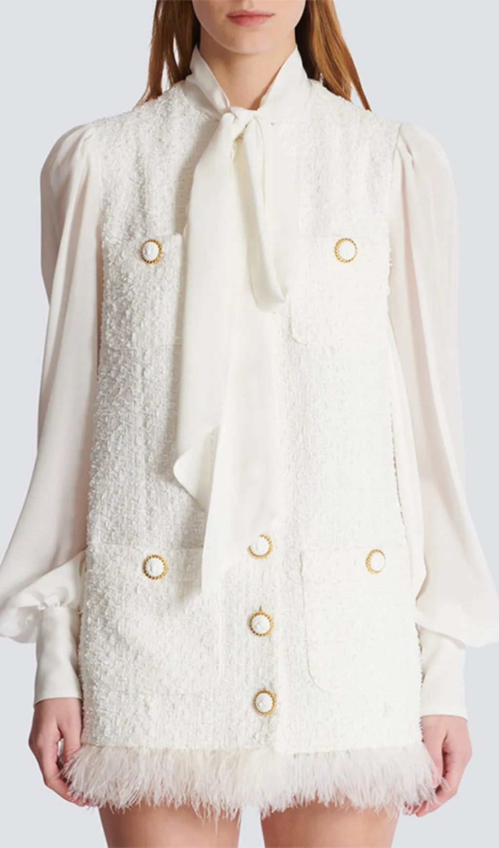 Bush White Feather-Trim Tweed Mini Dress Flowering Girl