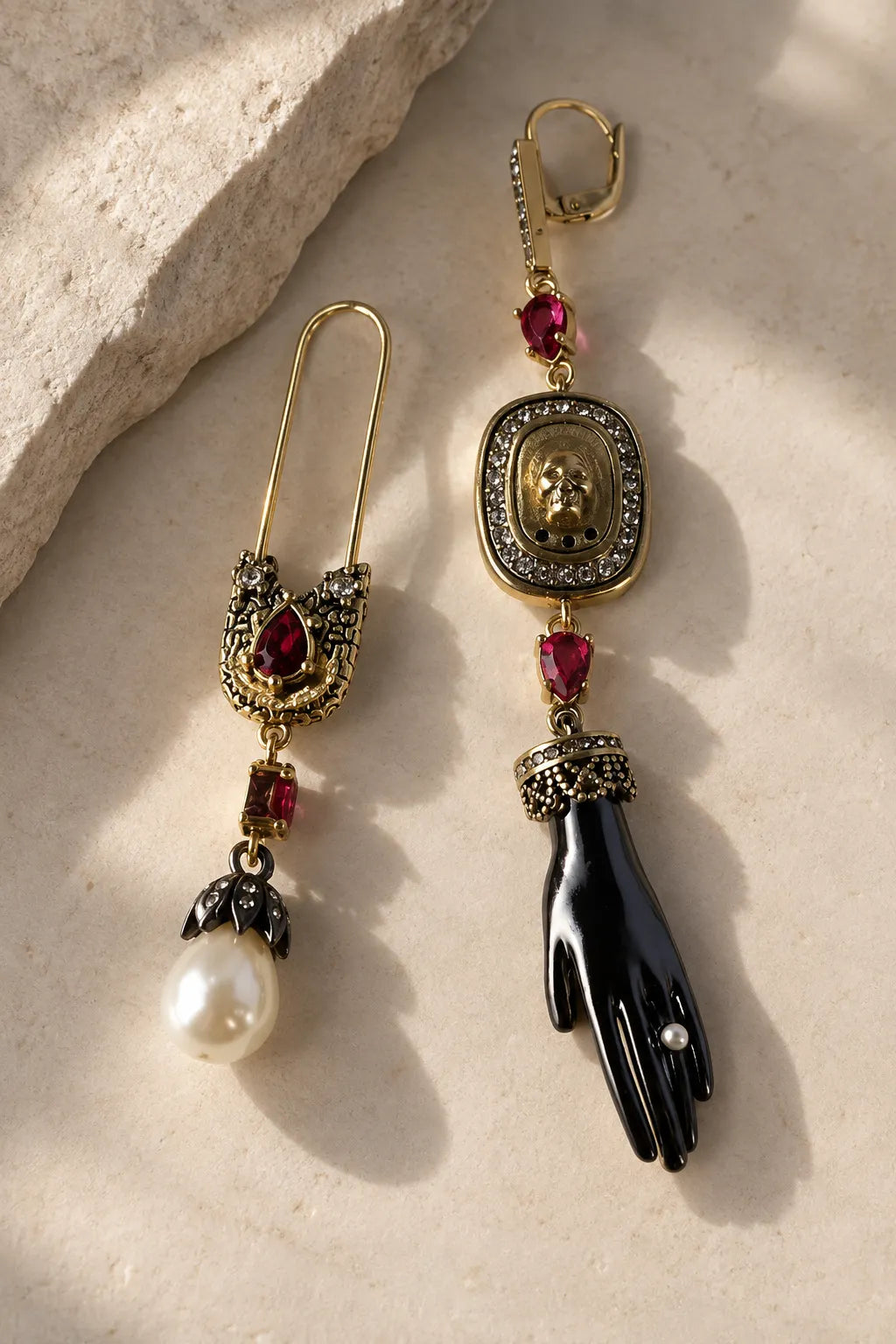 Asymmetrical Gothic Skull Hand Dangle Earrings Flowering Girl