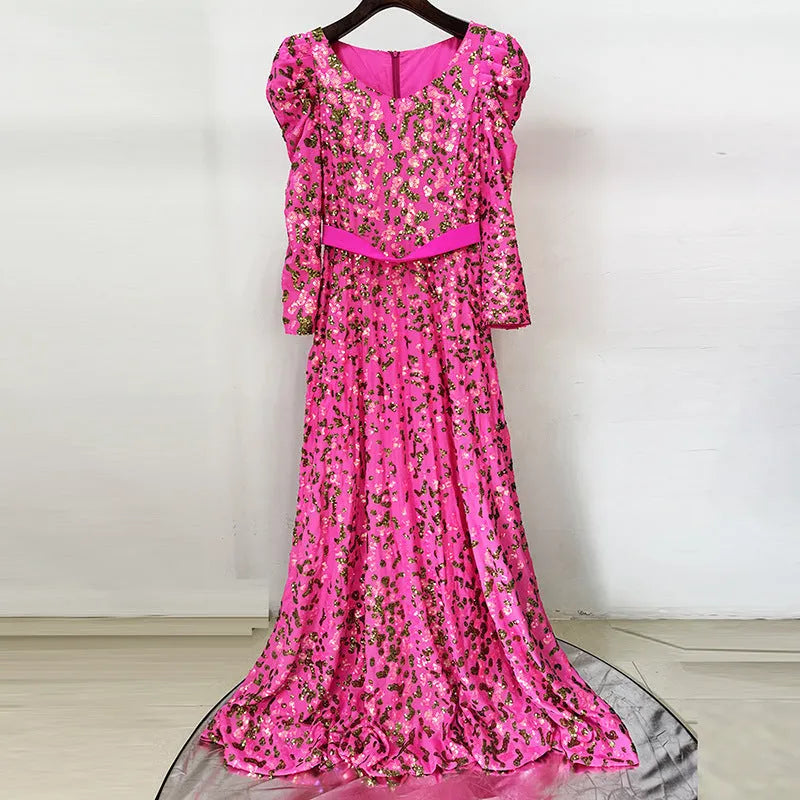 Pink Embroidered Sequin Long Dress Flowering Girl
