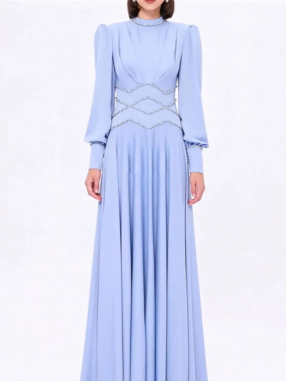 Long Sleeve Crystal Detail A Line Maxi Dress Light Blue Flowering Girl